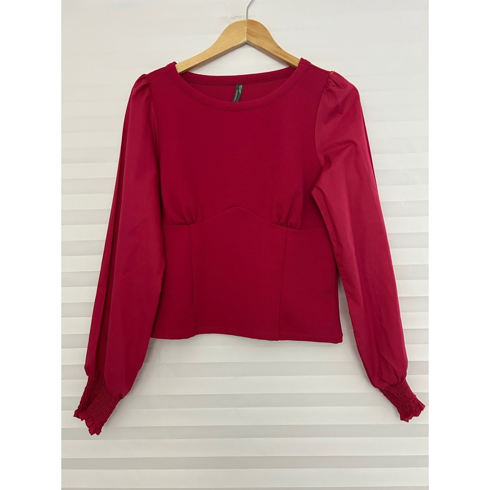 Anthropologie Berry Red Romantic Puff Sleeve Corset Seam Coquette Top M Chic